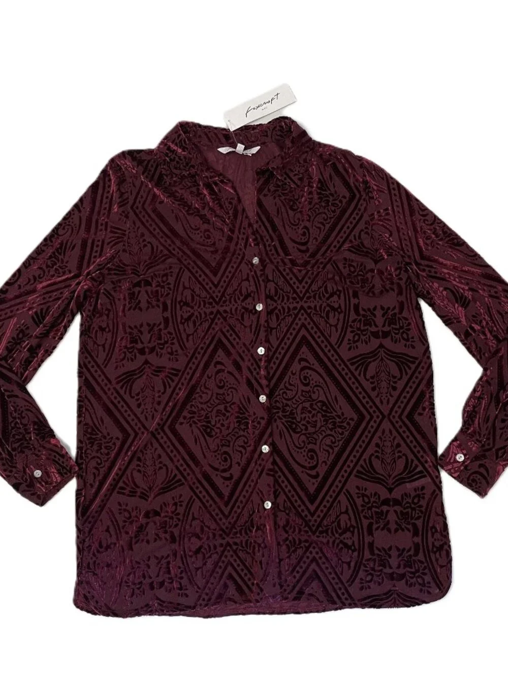Foxcroft Top Sz 10 Burgundy Velvet Burnout Button Down Blouse Semi-Sheer Luxury